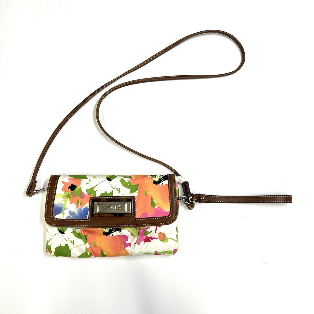 Chaps Crossbody Wristlet Purse Bag Floral Brown Trim Strap